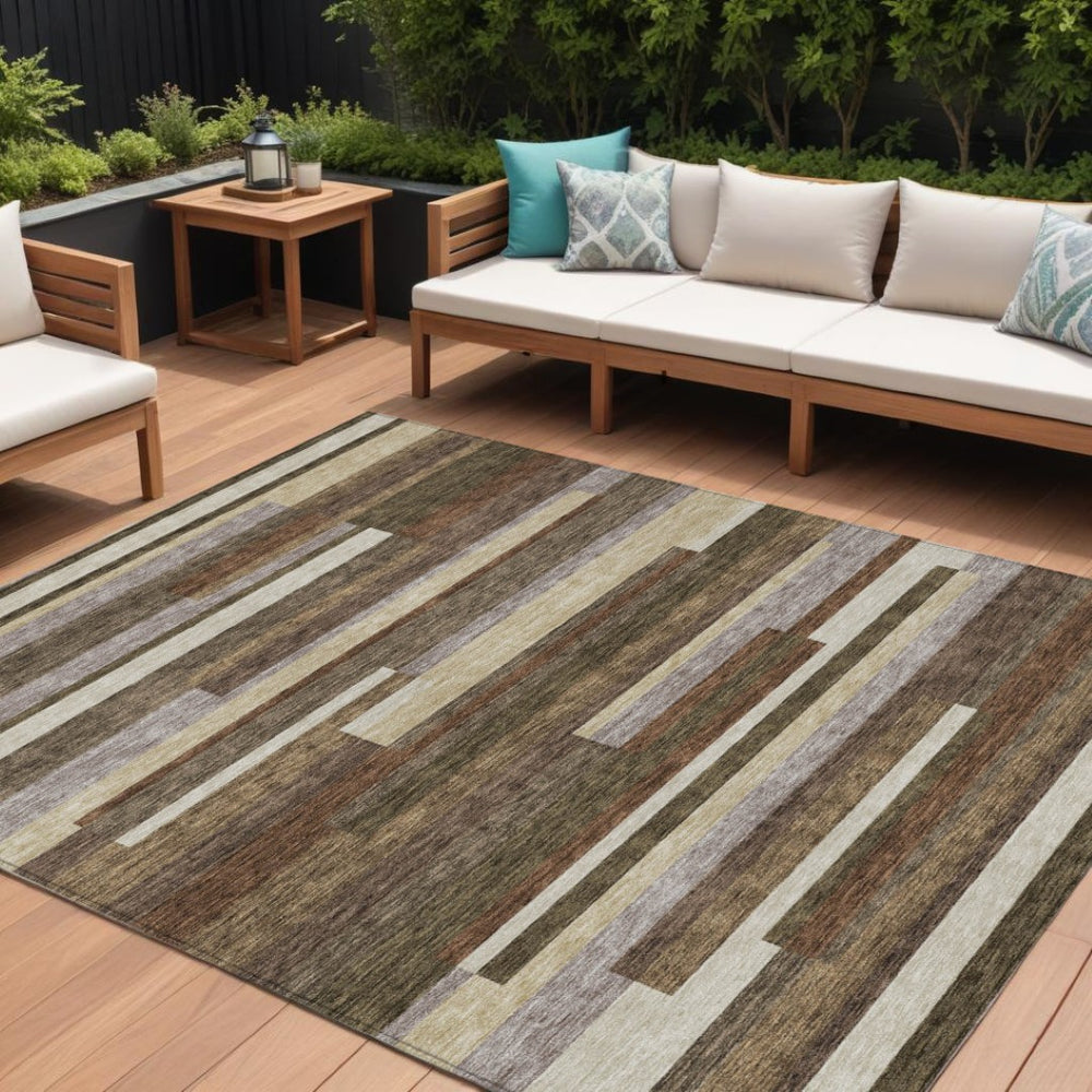 HomeRoots 9' Striped Washable Indoor Outdoor Area Rug in Warm Brown, Beige, and Copper for Versatile Decor 9' X 12' 585926