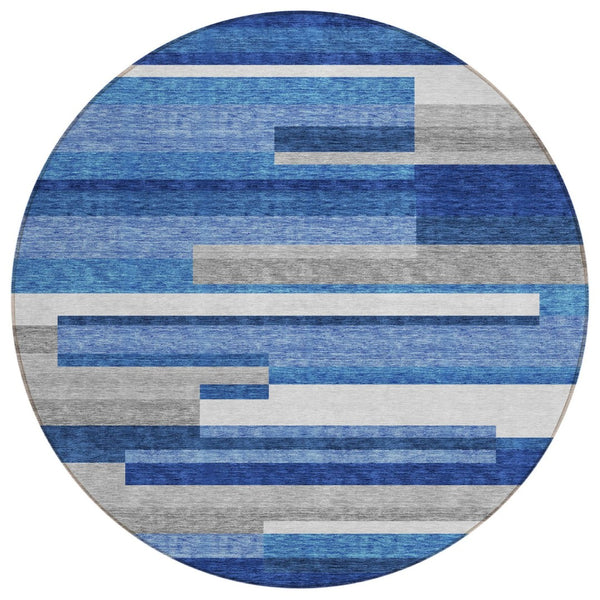 HomeRoots 5' Navy Blue and Denim Striped Area Rug - Durable, Washable Design for Indoor and Outdoor Spaces 8' Round 585930