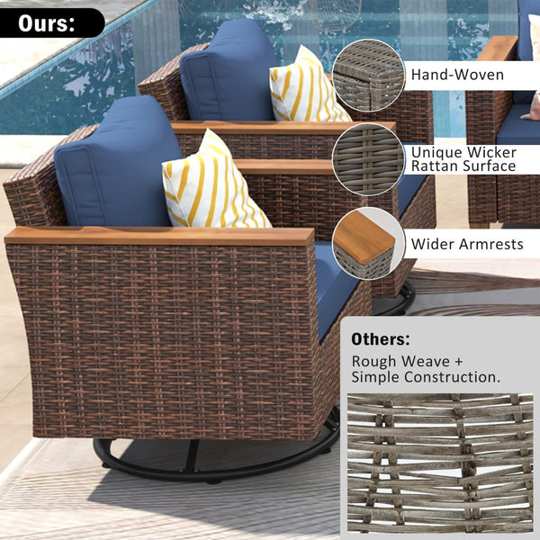 English Elm K&k 8 Piece Outdoor Wicker Sectional Set with Swivel Rockers and Acacia Storage Table Blue+Brown N707S005016E