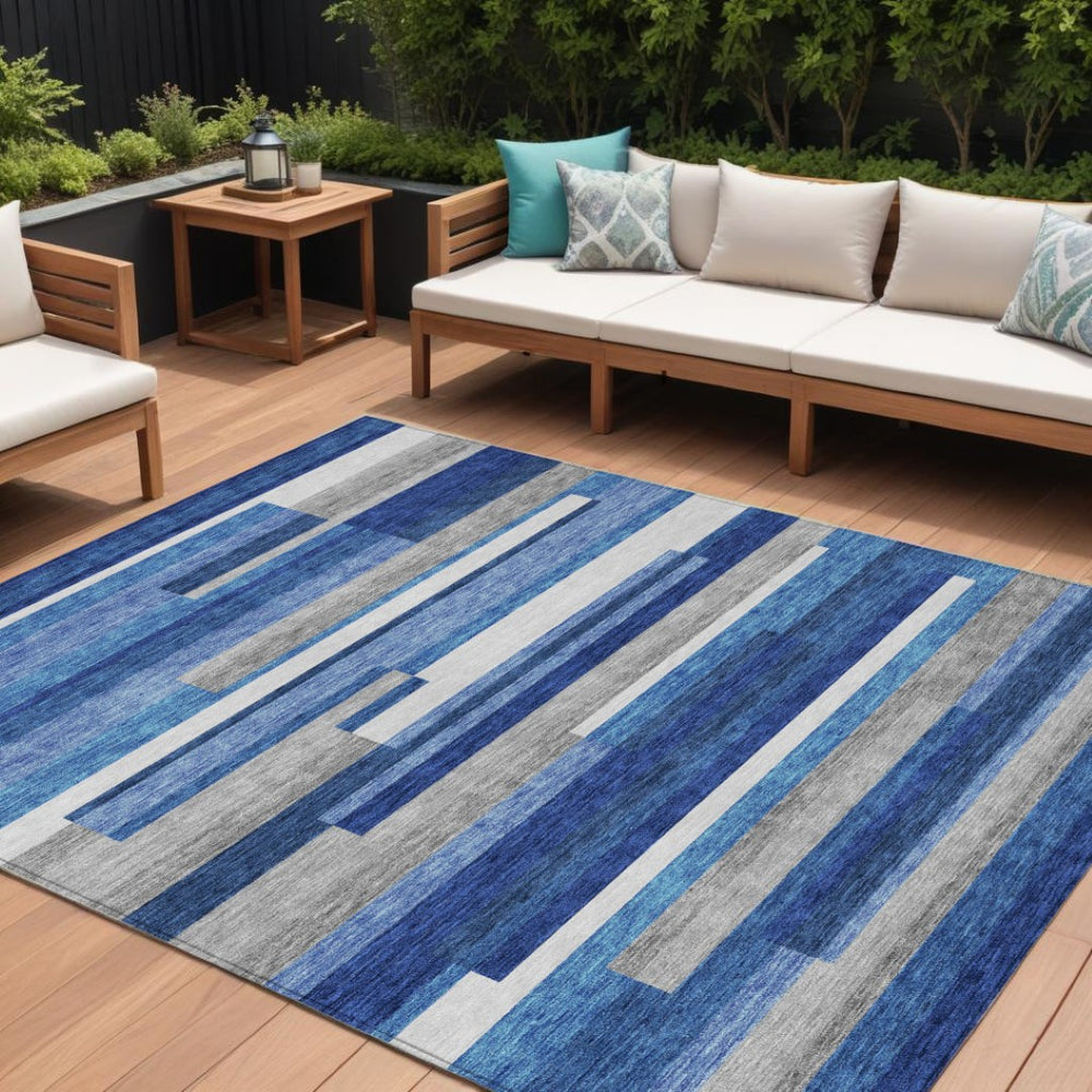 HomeRoots 9' Navy and Denim Blue Striped Washable Area Rug for Indoor and Outdoor Use – Durable & Stylish Design 9' X 12' 585932