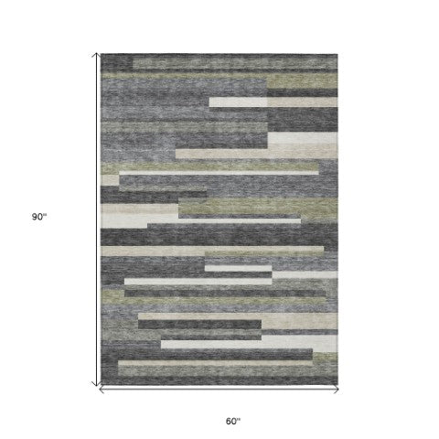 Homeroots 3' Stylish Black Charcoal And Gray Striped Washable Area Rug For Indoor And Outdoor Spaces 5' X 8' Polyester 585935