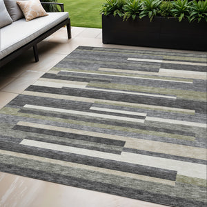 Homeroots 3' Stylish Black Charcoal And Gray Striped Washable Area Rug For Indoor And Outdoor Spaces 5' X 8' Polyester 585935