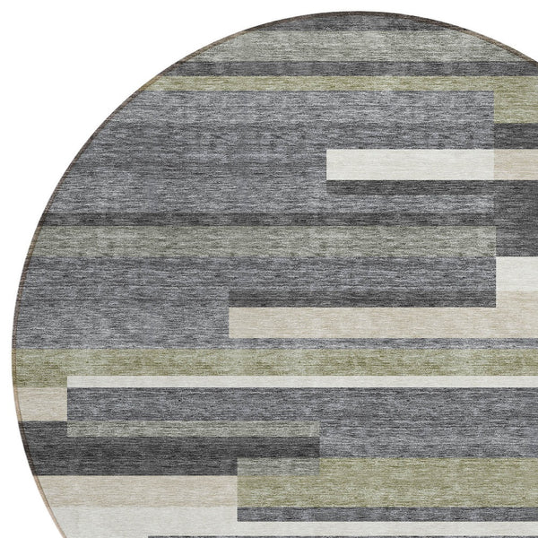 Homeroots 3' Stylish Black Charcoal And Gray Striped Washable Area Rug For Indoor And Outdoor Spaces 8' Round Polyester 585936