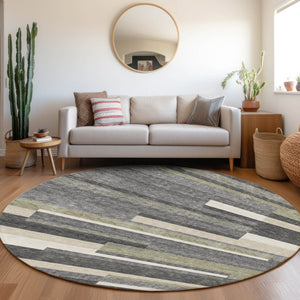 Homeroots 3' Stylish Black Charcoal And Gray Striped Washable Area Rug For Indoor And Outdoor Spaces 8' Round Polyester 585936