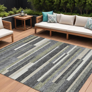 Homeroots 3' Stylish Black Charcoal And Gray Striped Washable Area Rug For Indoor And Outdoor Spaces 8' X 10' Polyester 585937