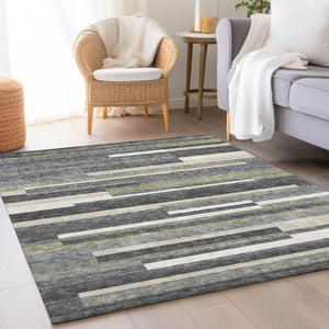 Homeroots 3' Stylish Black Charcoal And Gray Striped Washable Area Rug For Indoor And Outdoor Spaces 10' X 14' Polyester 585939