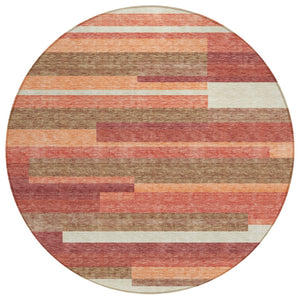 HomeRoots 5' Coral Peach and Taupe Striped Washable Area Rug for Indoor and Outdoor High-Traffic Spaces 8' Round 585942