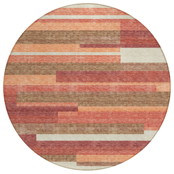 HomeRoots 5' Coral Peach and Taupe Striped Washable Area Rug for Indoor and Outdoor High-Traffic Spaces 8' Round 585942