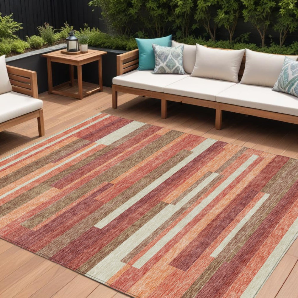 HomeRoots 9' Coral Peach and Taupe Striped Washable Area Rug - Durable, Stylish, Perfect for Indoor and Outdoor Use 9' X 12' 585944