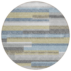 HomeRoots 5' Coastal-Inspired Gray Denim and Sky Blue Striped Washable Area Rug for Indoor and Outdoor Use 8' Round 585948