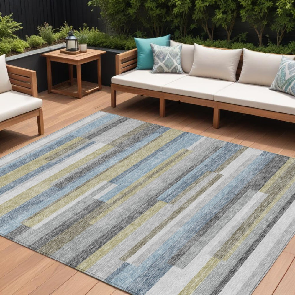 HomeRoots 5' Coastal-Inspired Gray Denim and Sky Blue Striped Washable Area Rug for Indoor and Outdoor Use 8' X 10' 585949