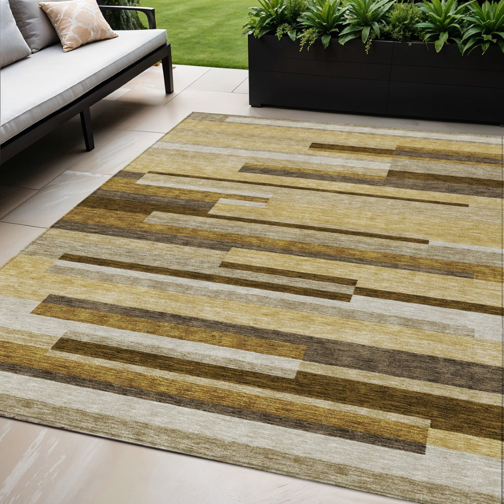 HomeRoots 5' Stylish Khaki Taupe and Gold Striped Indoor Outdoor Area Rug for Versatile Home Decor Solutions 5' X 8' 585953