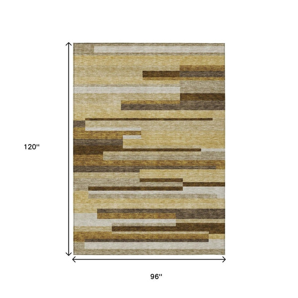 HomeRoots 8' Striped Washable Area Rug in Khaki Taupe and Gold - Durable, Stylish, Perfect for Indoor or Outdoor Use 8' X 10' 585955