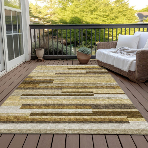 HomeRoots 8' Striped Washable Area Rug in Khaki Taupe and Gold - Durable, Stylish, Perfect for Indoor or Outdoor Use 8' X 10' 585955