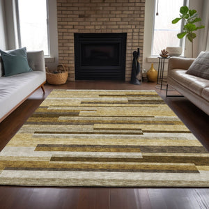 HomeRoots 8' Striped Washable Area Rug in Khaki Taupe and Gold - Durable, Stylish, Perfect for Indoor or Outdoor Use 8' X 10' 585955
