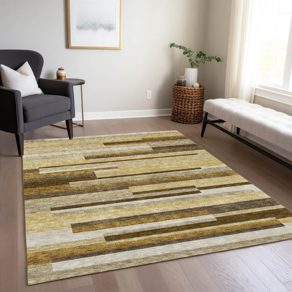 HomeRoots 8' Striped Washable Area Rug in Khaki Taupe and Gold - Durable, Stylish, Perfect for Indoor or Outdoor Use 8' X 10' 585955