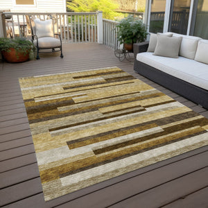 HomeRoots 8' Striped Washable Area Rug in Khaki Taupe and Gold - Durable, Stylish, Perfect for Indoor or Outdoor Use 8' X 10' 585955
