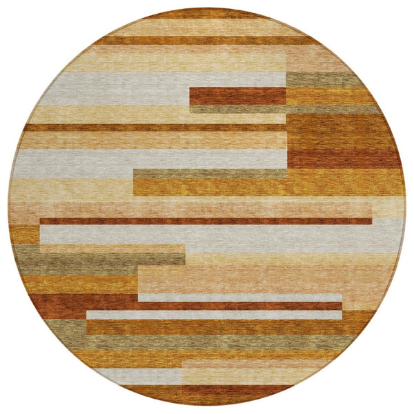 HomeRoots 5' Vibrant Orange-Copper and Taupe Striped Area Rug for Indoor and Outdoor Durability and Style 8' Round 585966