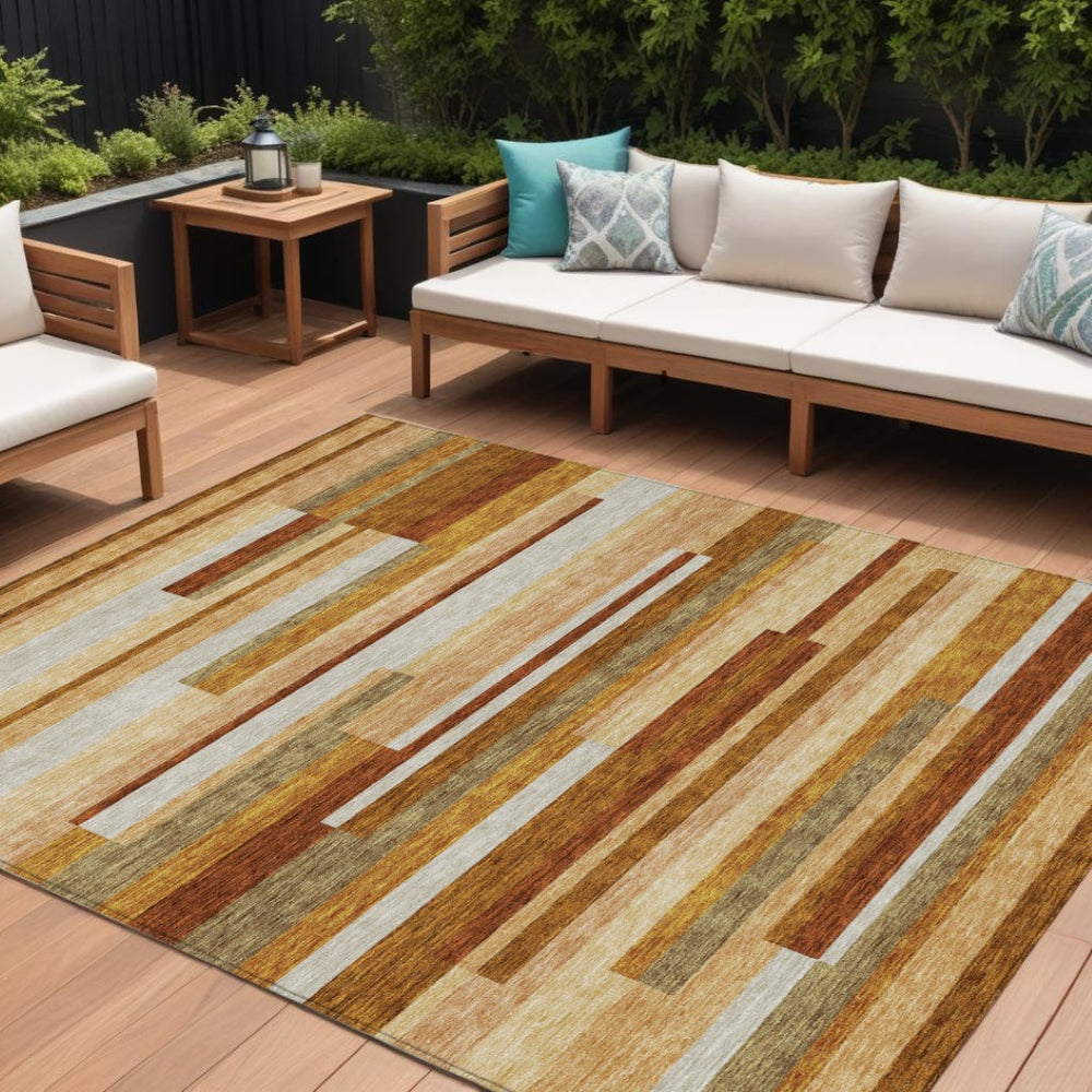 HomeRoots 9' Striped Washable Area Rug in Vibrant Orange-Copper and Taupe – Perfect for Indoor and Outdoor Spaces 9' X 12' 585968