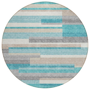 HomeRoots 5' Striped Teal Blue Gray Beige Area Rug - Durable, Washable Indoor/Outdoor Design for Any Space 8' Round 585978