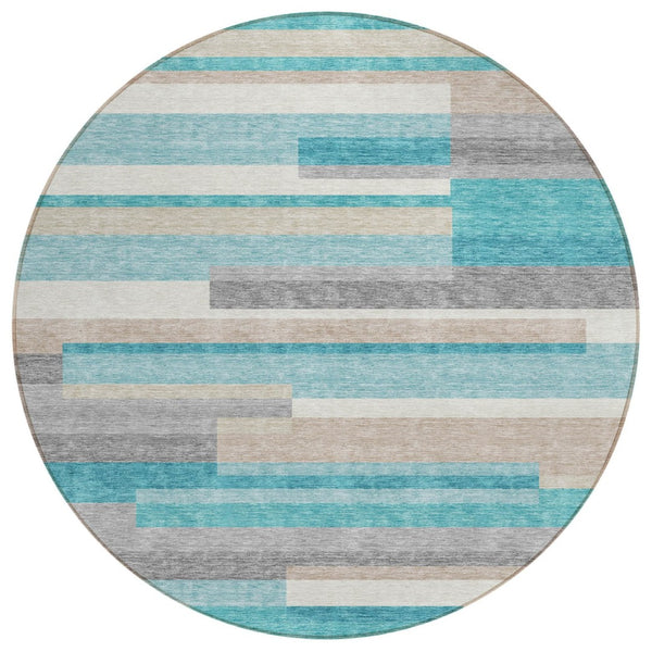 HomeRoots 5' Striped Teal Blue Gray Beige Area Rug - Durable, Washable Indoor/Outdoor Design for Any Space 8' Round 585978