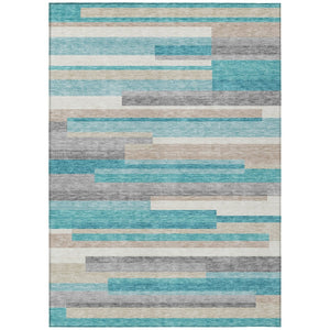HomeRoots 9' Striped Teal Blue Gray Beige Area Rug - Durable, Washable Design for Indoor and Outdoor Spaces 9' X 12' 585980