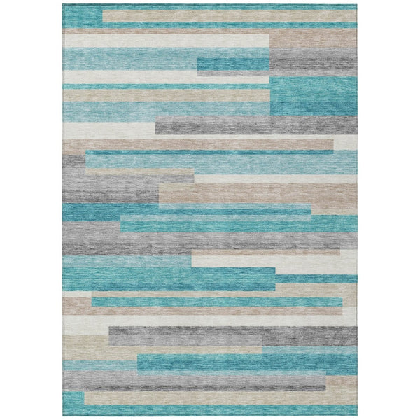 HomeRoots 9' Striped Teal Blue Gray Beige Area Rug - Durable, Washable Design for Indoor and Outdoor Spaces 9' X 12' 585980