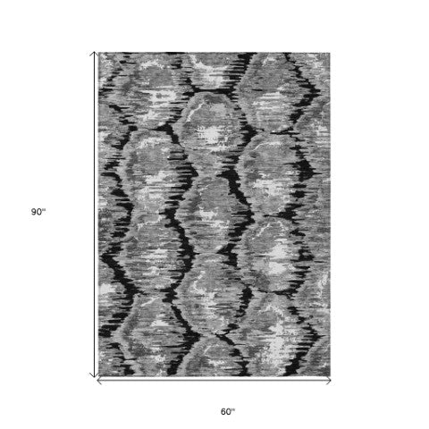 Homeroots 3' Black Charcoal And Silver Abstract Washable Area Rug For Indoor And Outdoor Spaces, Stylish Design 5' X 8' Polyester 585989