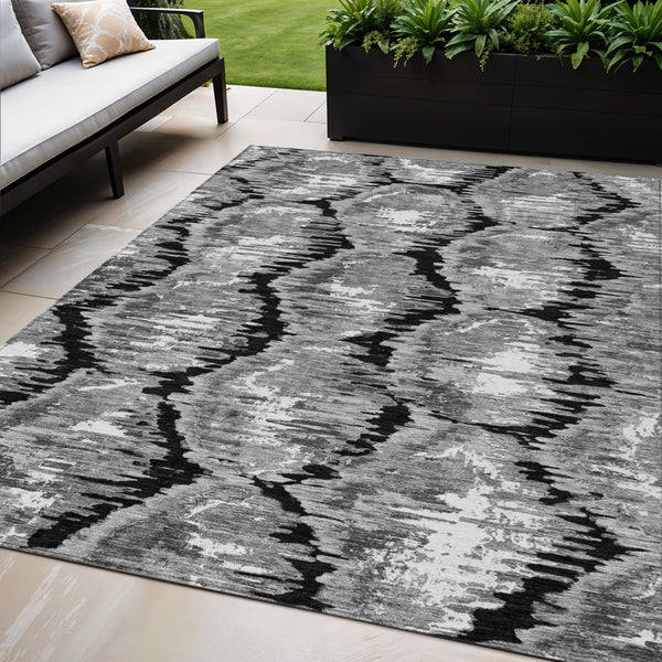 Homeroots 3' Black Charcoal And Silver Abstract Washable Area Rug For Indoor And Outdoor Spaces, Stylish Design 5' X 8' Polyester 585989