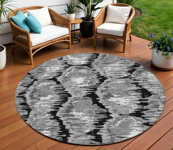 Homeroots 3' Black Charcoal And Silver Abstract Washable Area Rug For Indoor And Outdoor Spaces, Stylish Design 8' Round Polyester 585990