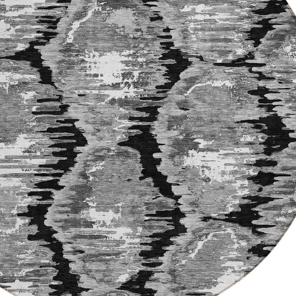 Homeroots 3' Black Charcoal And Silver Abstract Washable Area Rug For Indoor And Outdoor Spaces, Stylish Design 8' Round Polyester 585990