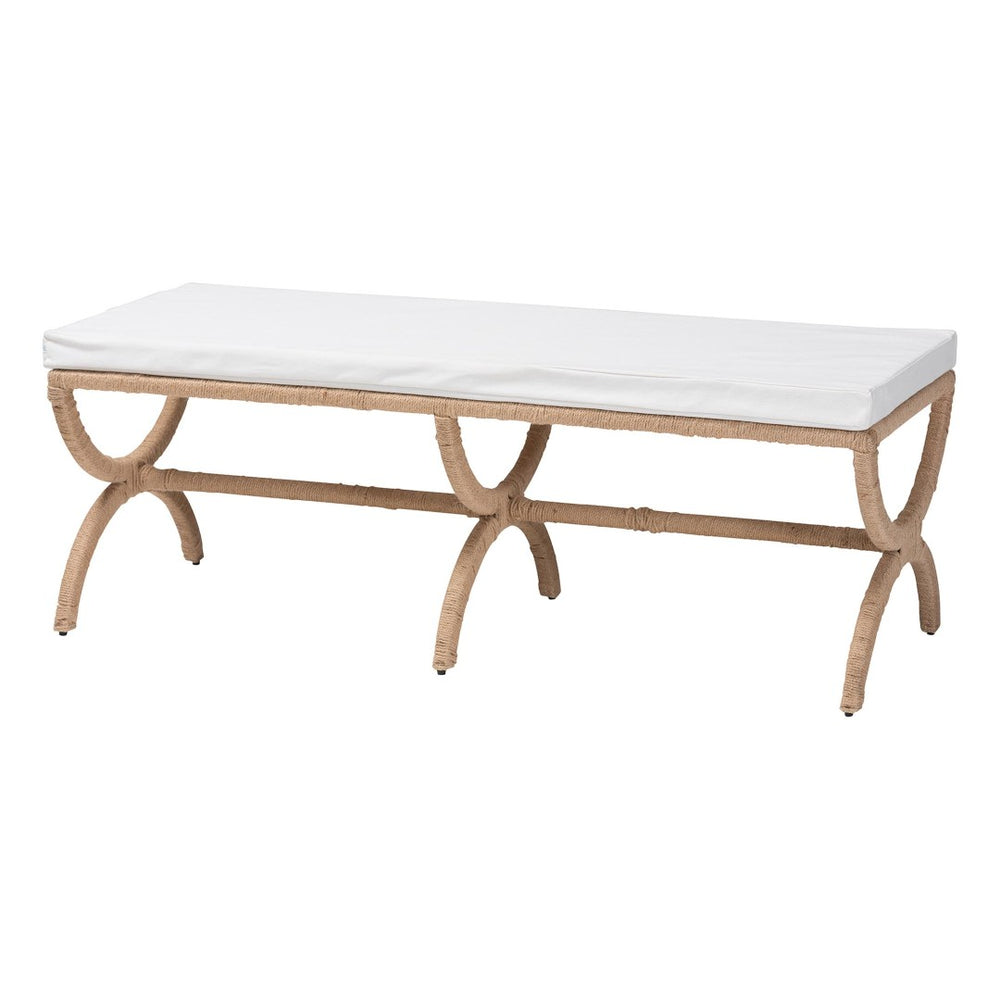 English Elm Japandi Woven Jute Bench with Sculptural Hourglass Legs for Entryway or Bedroom B2750P467806