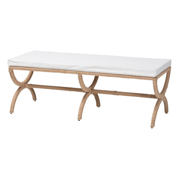 English Elm Japandi Woven Jute Bench with Sculptural Hourglass Legs for Entryway or Bedroom B2750P467806