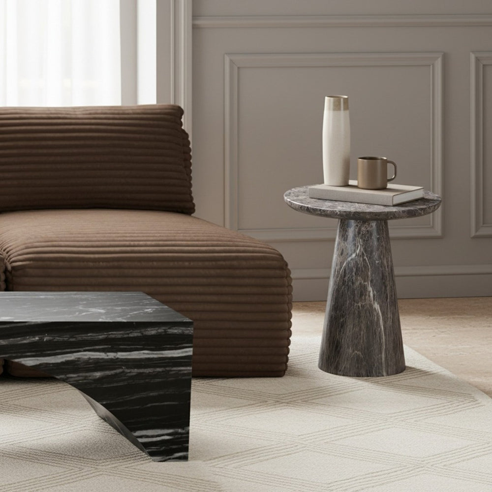 Meridian Furniture Cassino Art Deco Sculptural Concrete Pedestal End Table Marble Look Indoor Outdoor Accent Brown 585Brown-ET