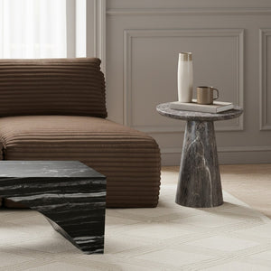 Meridian Furniture Cassino Art Deco Sculptural Concrete Pedestal End Table Marble Look Indoor Outdoor Accent Brown 585Brown-ET