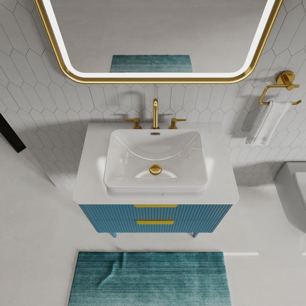English Elm Elena 30" Striped Oak Bathroom Vanity with Ceramic Sink, Freestanding or Wall-Mount, Soft-Close Drawers Blue W1865S00080