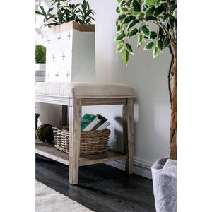English Elm Rustic Bench with Button-Tufted Cushion, Spacious Open Lower Shelf for Storage and Entryway Use Beige 62 L x 18 W x 8 H B2741P345167