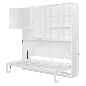 English Elm Twin Murphy Bed with Cabinet Shelves Built in Lighting Usb Ports Space Saving Wall Unit White LP000389AAK-1