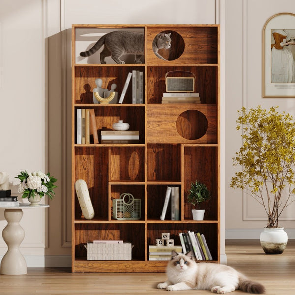 English Elm Modern Wood Grain Bookshelf Cat Habitat with Climbing Cubbies for Living Room Brown N752P395027D