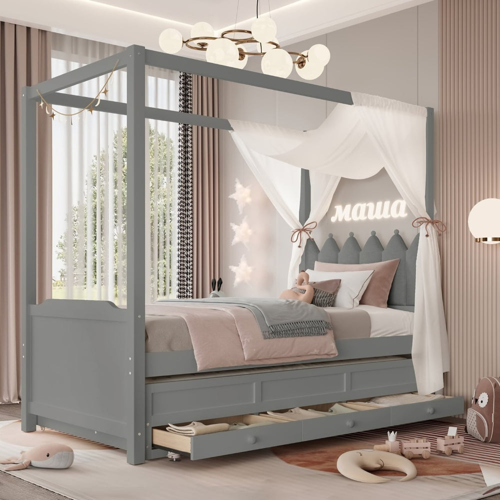 English Elm Full Bunk Bed with Trundle Bookshelf Storage Pine Frame Car Design for Kids W1580S00316