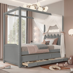 English Elm Full Bunk Bed with Trundle Bookshelf Storage Pine Frame Car Design for Kids W1580S00316