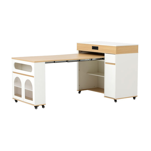 English Elm Trexm Rolling Kitchen Island Extendable Marble Top Cabinet Drawers Power Outlet Creamy White,Natural XW000029AAN