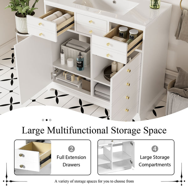 English Elm 36'' Bathroom Vanity with Ceramic Sink Combines Retro Solid Wood Frame, Soft-Close Drawers & Ample Storage White N710P195628K