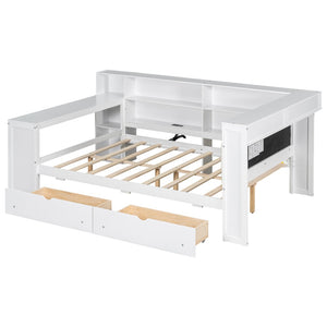 English Elm Wood Full Platform Bed with Led Headboard Built-in Desk Charging Station and Storage Shelves Beige+White N7090001047K-1