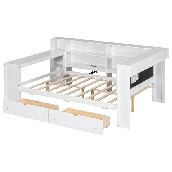 English Elm Wood Full Platform Bed with Led Headboard Built-in Desk Charging Station and Storage Shelves Beige+White N7090001047K-1