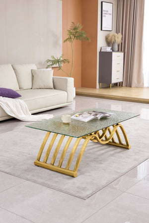 English Elm 47" Rectangle Modern Coffee Table With Ripple Glass Top, Gold Stainless Steel Frame, Easy Assembly W2978S00015