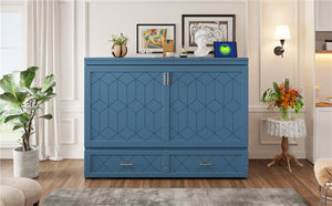 English Elm Queen Murphy Wall Bed Cabinet with Storage Drawer Built-in Power Outlets Usb Ports Navy Blue LP000400AAC-1