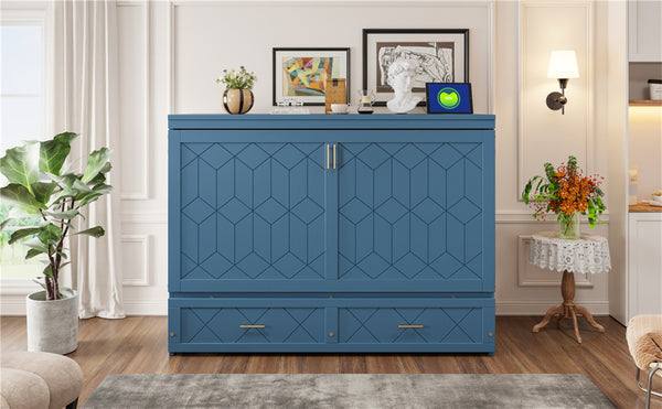 English Elm Queen Murphy Wall Bed Cabinet with Storage Drawer Built-in Power Outlets Usb Ports Navy Blue LP000400AAC-1