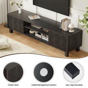 English Elm Modern Low Profile Media Console with Open Shelving and Concealed Cabinet Storage Black T3623P435424