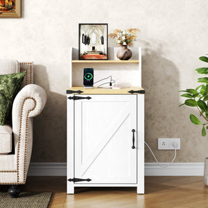 English Elm OKD Farmhouse Nightstand with Built-In Charging Station, Barn Door Accent, Adjustable Storage Shelf and Sturdy Frame White W1550P311284